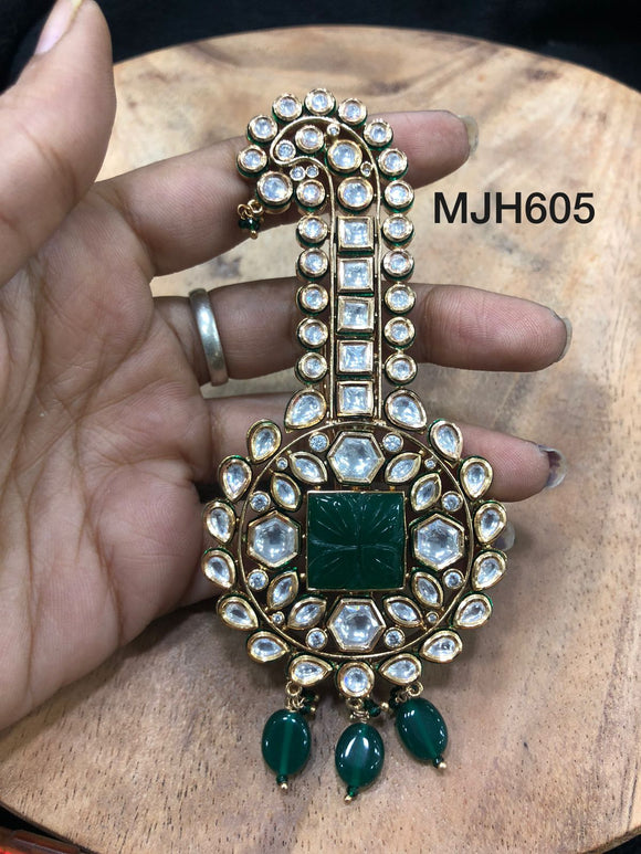 Jade Ranveer , elegant Gold finish Royal Brooch / Safa   Kalangi Brooch with Carved Jade  stone and Beads  for Men -SANDY001RKB