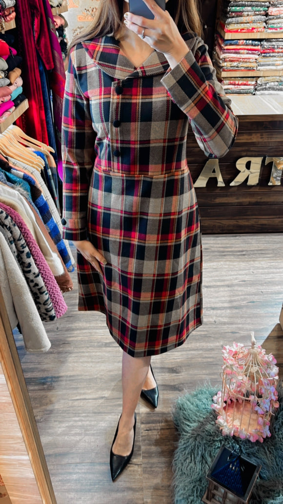 Free Shipping 2022 Boshow New Fashion Vintage Winter Woolen Turtleneck Vest  One-piece Dresses Plaid A-line Dress With Pockets