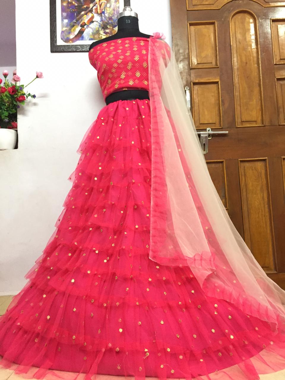 15802 FOX GEORGETTE LATEST TRENDY FANCY FASHIONABLE STYLISH CLASSY PARTY  WEAR WEDDING DESIGNER READYMADE SPARKING HALDI CEREMONY SPECIAL RUFFLED  LEHENGA CHOLI BEST RATE BOUTIQUE COLLECTION SUPPLIER IN INDIA MAURITIUS  SINGAPORE - Reewaz